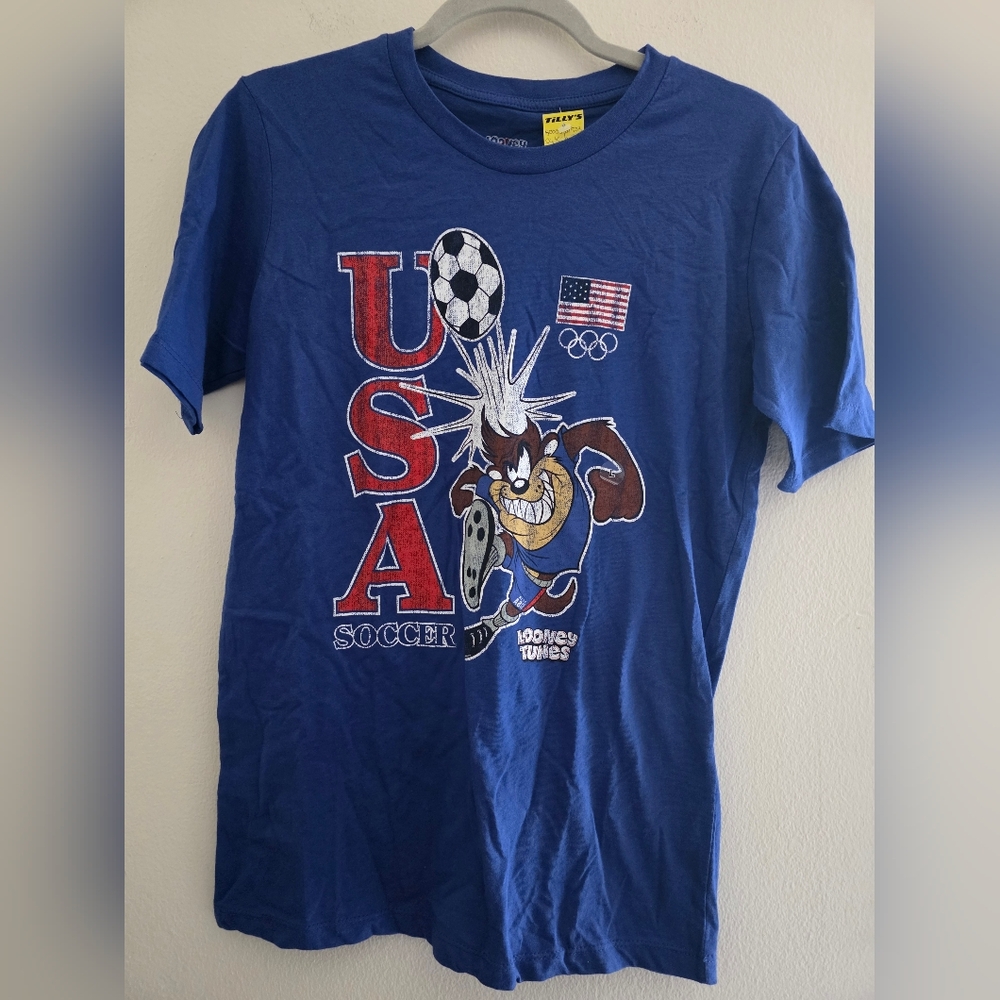Boys Tasmanian Devil Royal Team‎ USA Looney Tunes Soccer T-Shirt Size 14/16 - Picture 2 of 5